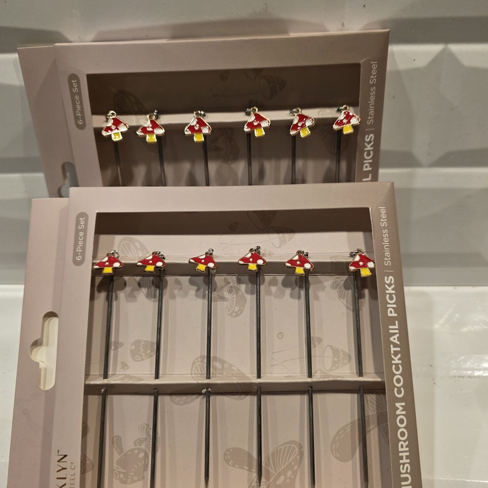 2 BKLYN Steel Co Cocktail Picks Set of 6 Mushrooms Martinis Appetizers Stainless